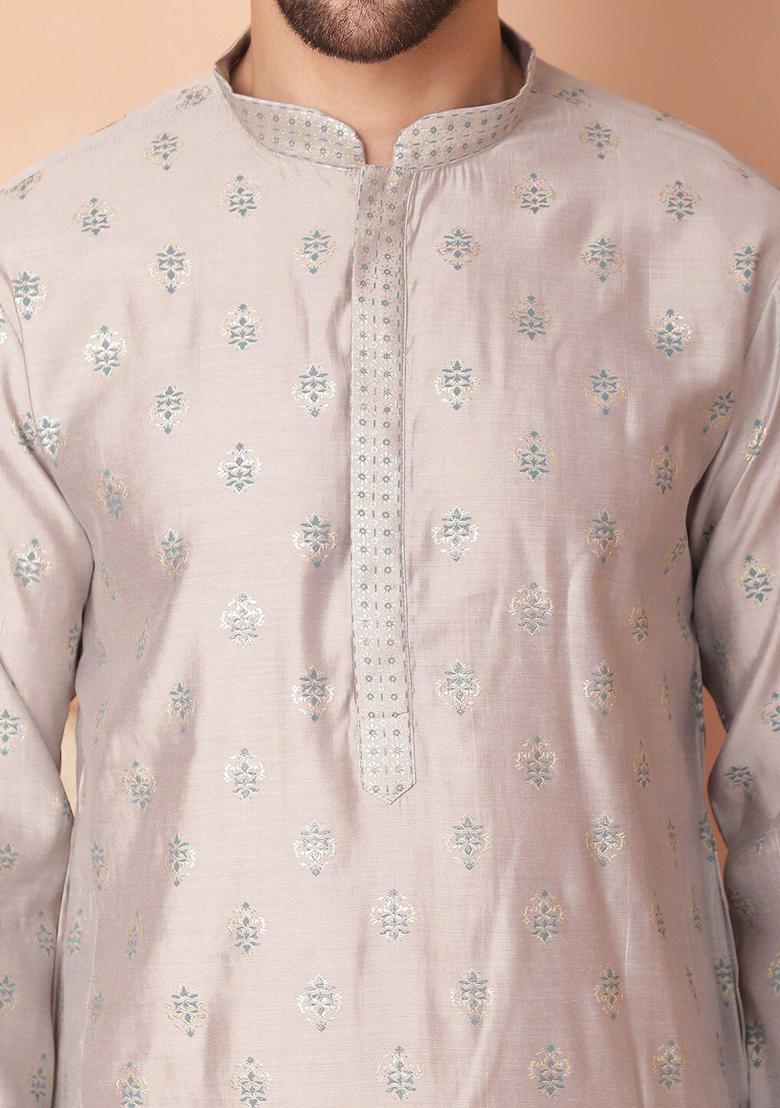 Grey Printed Viscose Kurta Set For Men - Indya
