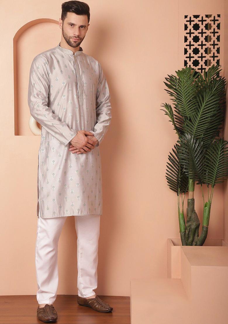 Grey Printed Viscose Kurta Set For Men - Indya