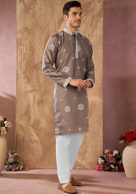 Brown Embroidered Silk Kurta Set For Men