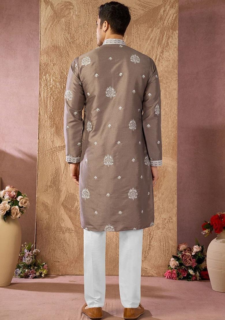 Brown Embroidered Silk Kurta Set For Men - Indya