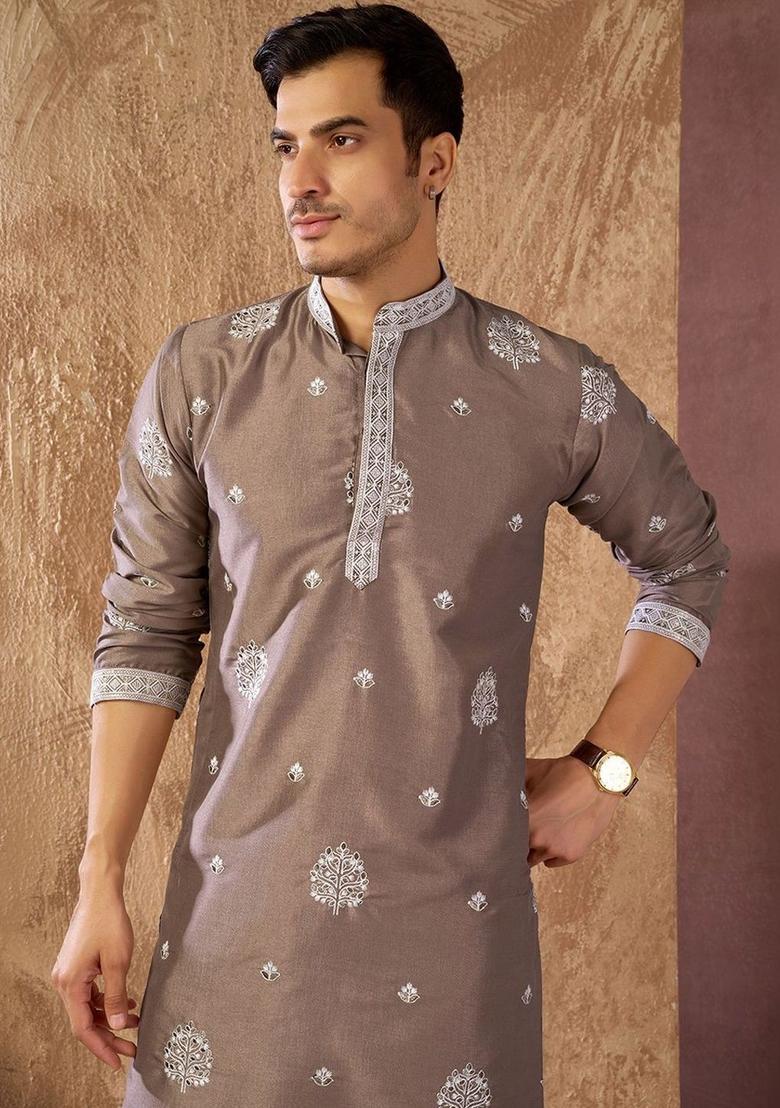 Brown Embroidered Silk Kurta Set For Men - Indya