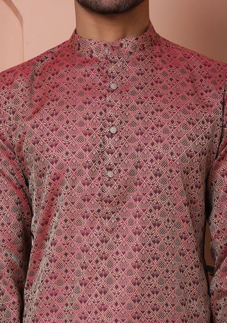 Maroon Woven Design Silk Kurta Set For Men - Indya