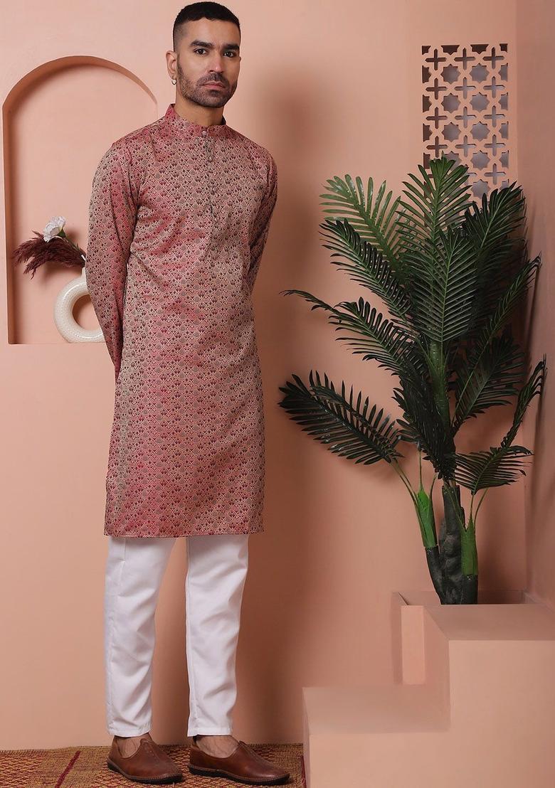 Maroon Woven Design Silk Kurta Set For Men - Indya