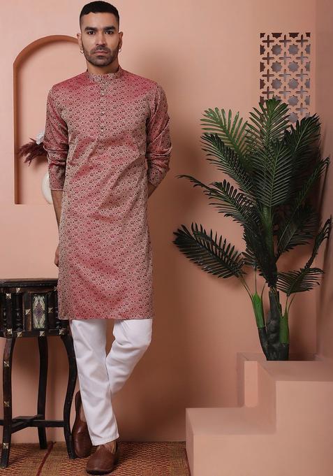 Maroon Woven Design Silk Kurta Set For Men