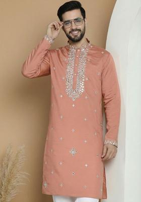 Peach Embroidered Silk Kurta Set For Men