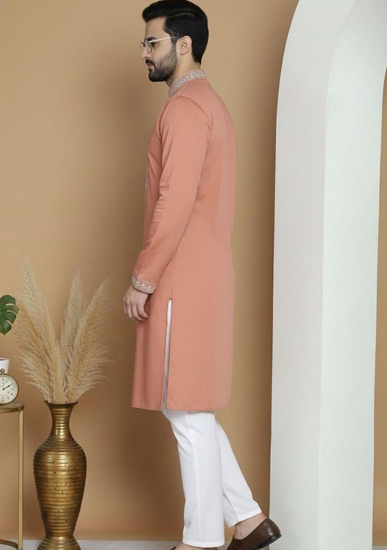 Peach Embroidered Silk Kurta Set For Men - Indya