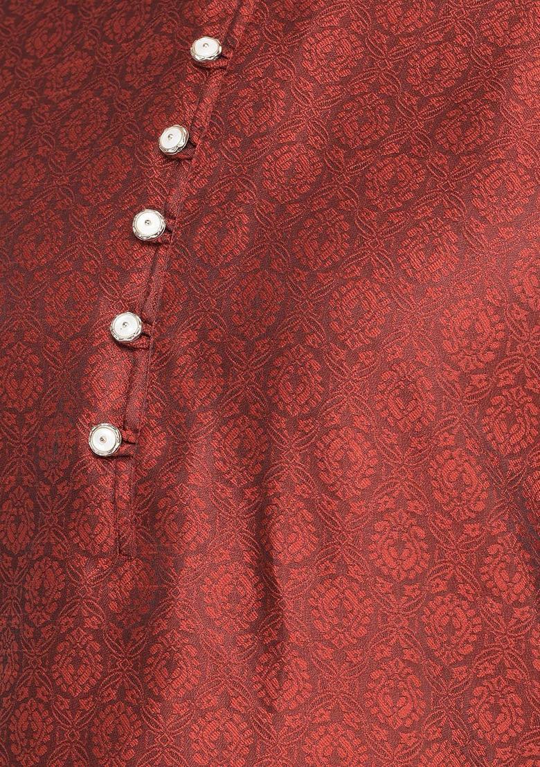 Maroon Woven Design Silk Kurta Set For Men - Indya