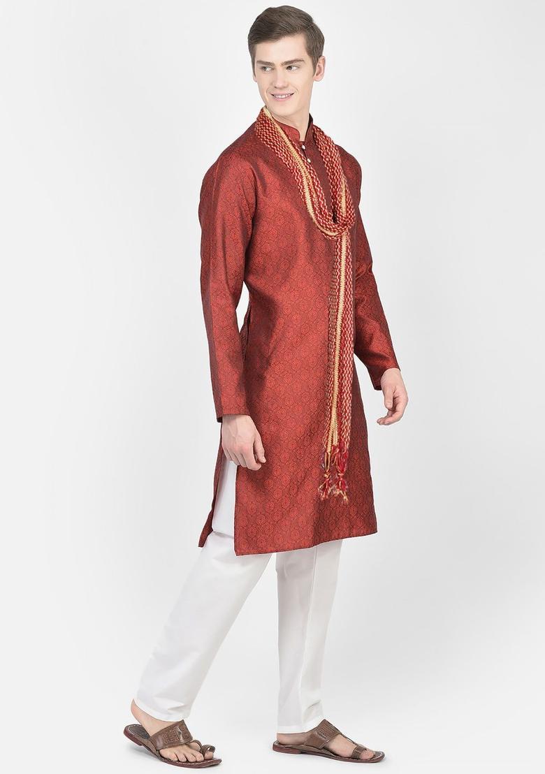 Maroon Woven Design Silk Kurta Set For Men - Indya