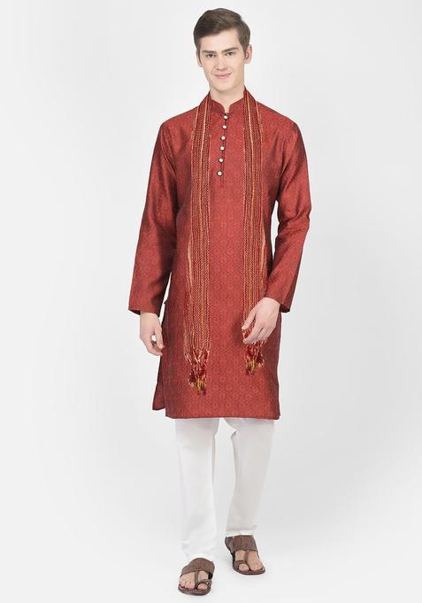 Maroon Woven Design Silk Kurta Set For Men