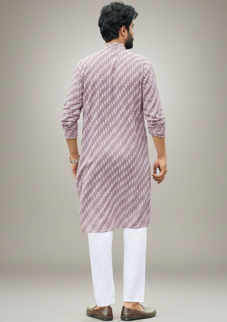 Purple Printed Cotton Kurta Set For Men - Indya