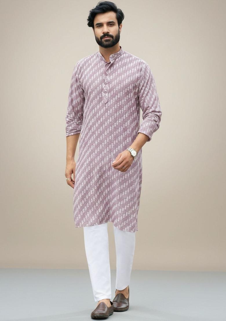 Purple Printed Cotton Kurta Set For Men - Indya