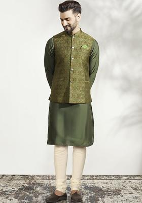 Olive Solid Silk Kurta Set For Men
