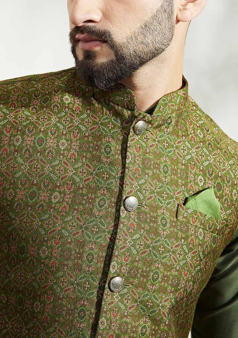 Olive Solid Silk Kurta Set For Men - Indya