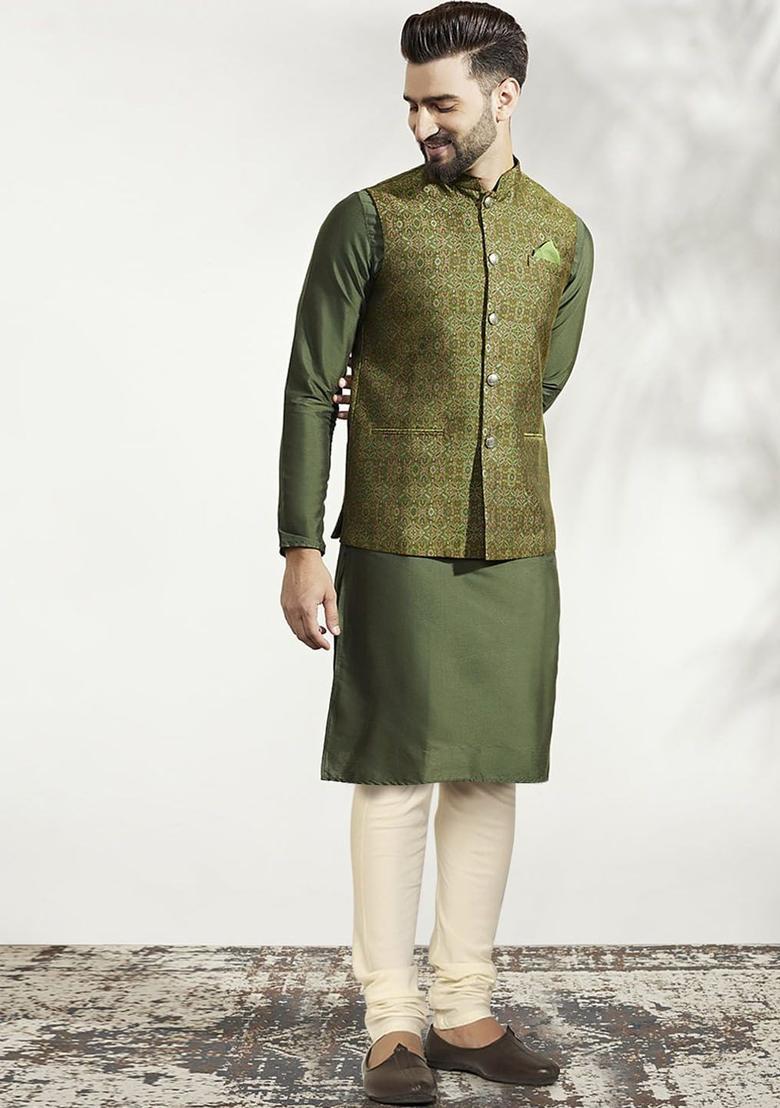 Olive Solid Silk Kurta Set For Men - Indya