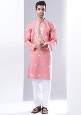 Pink Printed Silk Kurta Set For Men