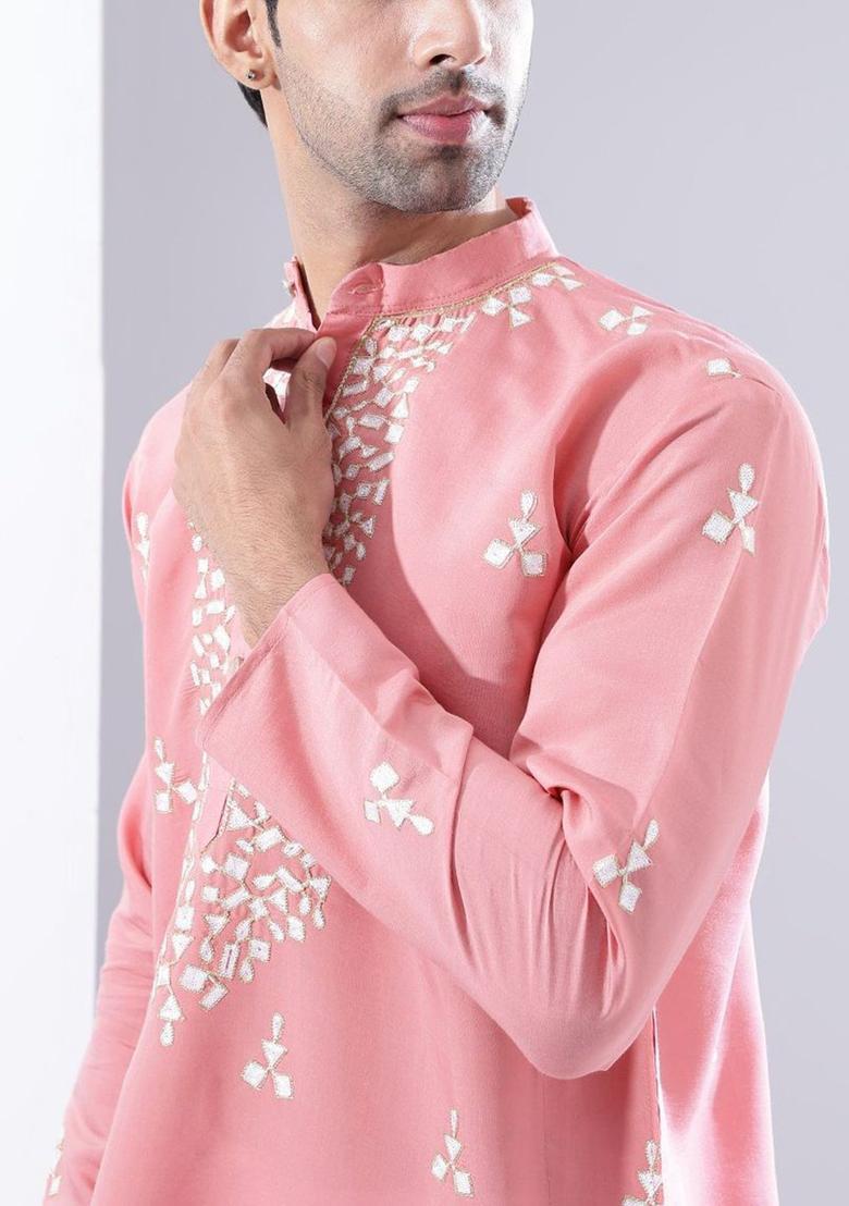 Pink Printed Silk Kurta Set For Men - Indya