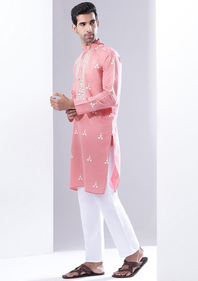 Pink Printed Silk Kurta Set For Men - Indya