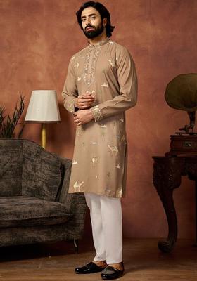 Brown Embroidered Cotton Kurta Set For Men