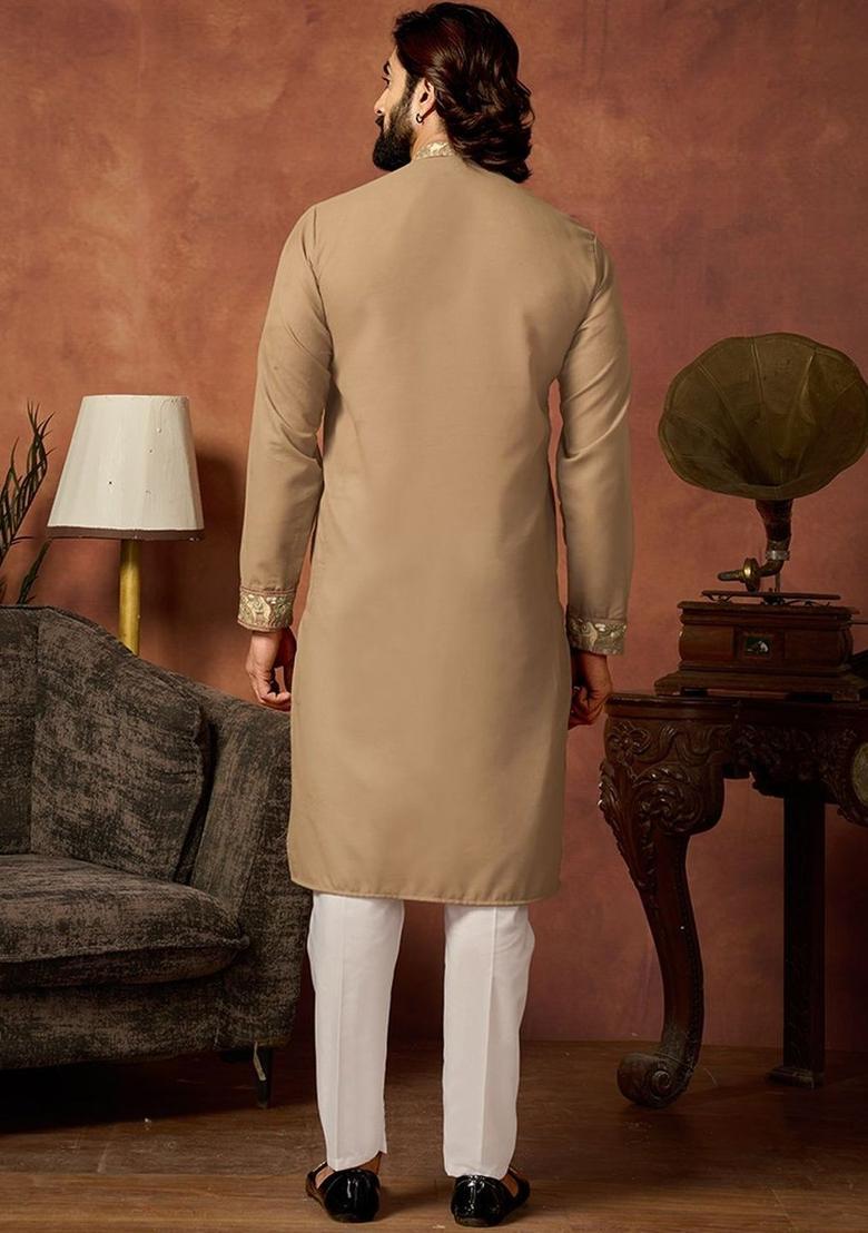 Brown Embroidered Cotton Kurta Set For Men - Indya