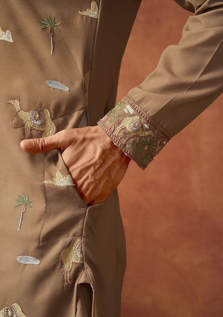 Brown Embroidered Cotton Kurta Set For Men - Indya