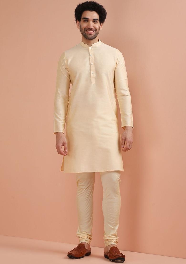 Beige Solid Cotton Kurta Set For Men - Indya
