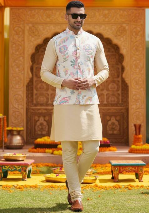 Beige Solid Cotton Kurta Set For Men