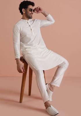 White Woven Design Silk Kurta Set For Men