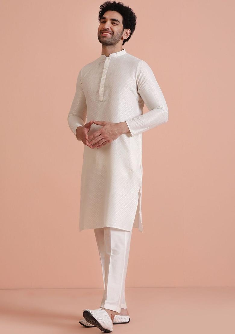 White Woven Design Silk Kurta Set For Men - Indya