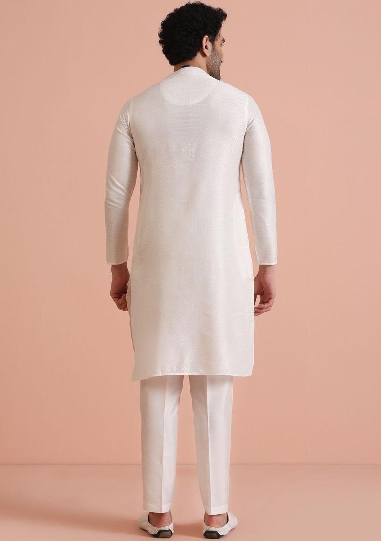 White Woven Design Silk Kurta Set For Men - Indya