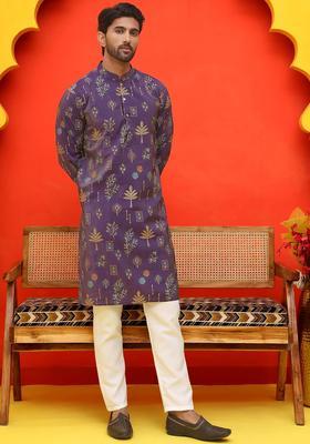 Purple Printed Silk Kurta Set For Men