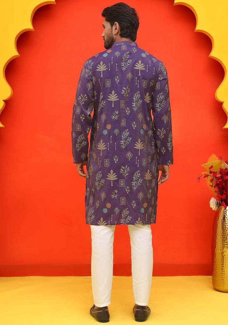 Purple Printed Silk Kurta Set For Men - Indya
