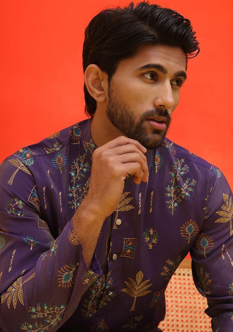 Purple Printed Silk Kurta Set For Men - Indya