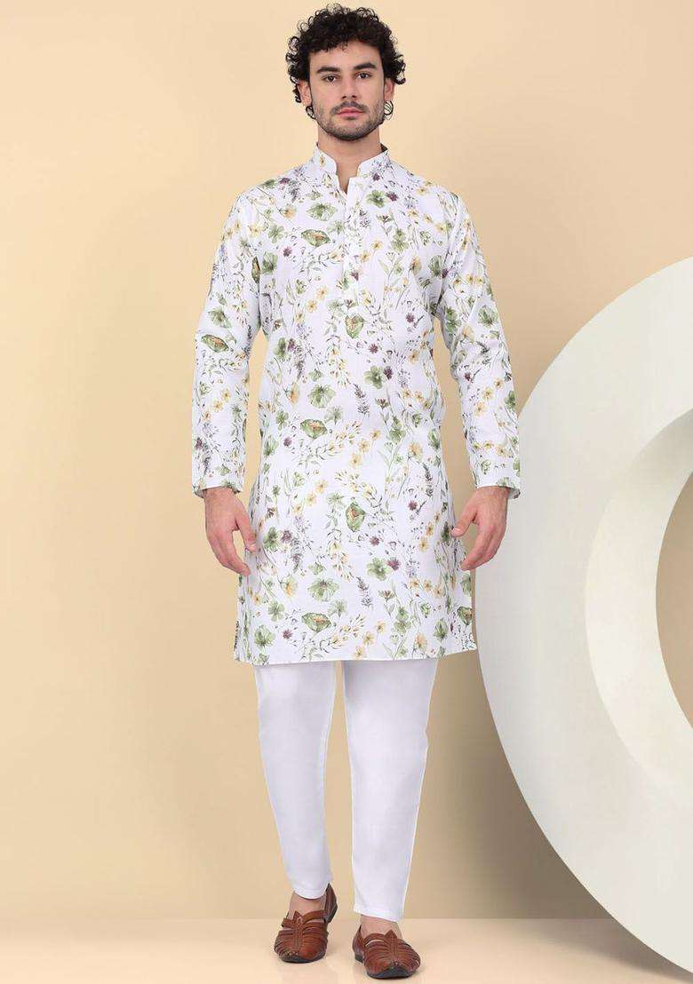 White Printed Linen Kurta Set For Men - Indya