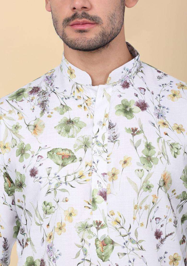 White Printed Linen Kurta Set For Men - Indya