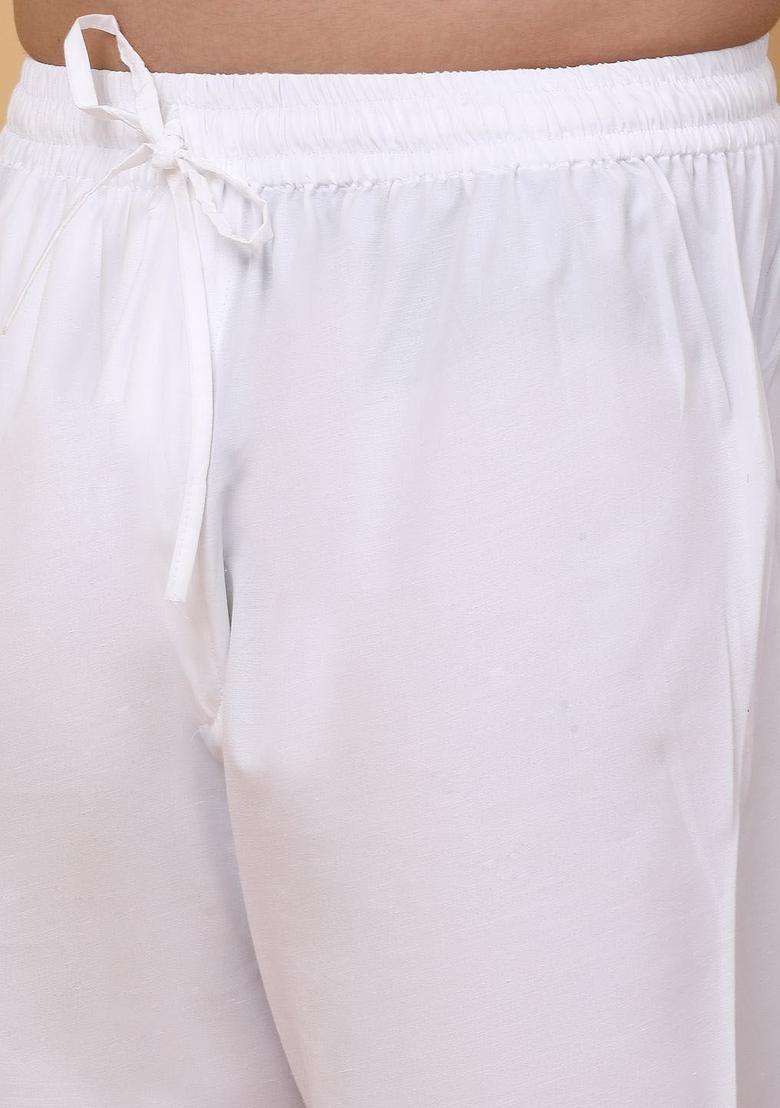 White Printed Linen Kurta Set For Men - Indya