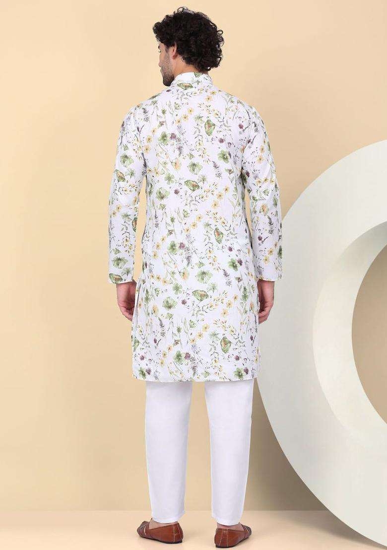 White Printed Linen Kurta Set For Men - Indya