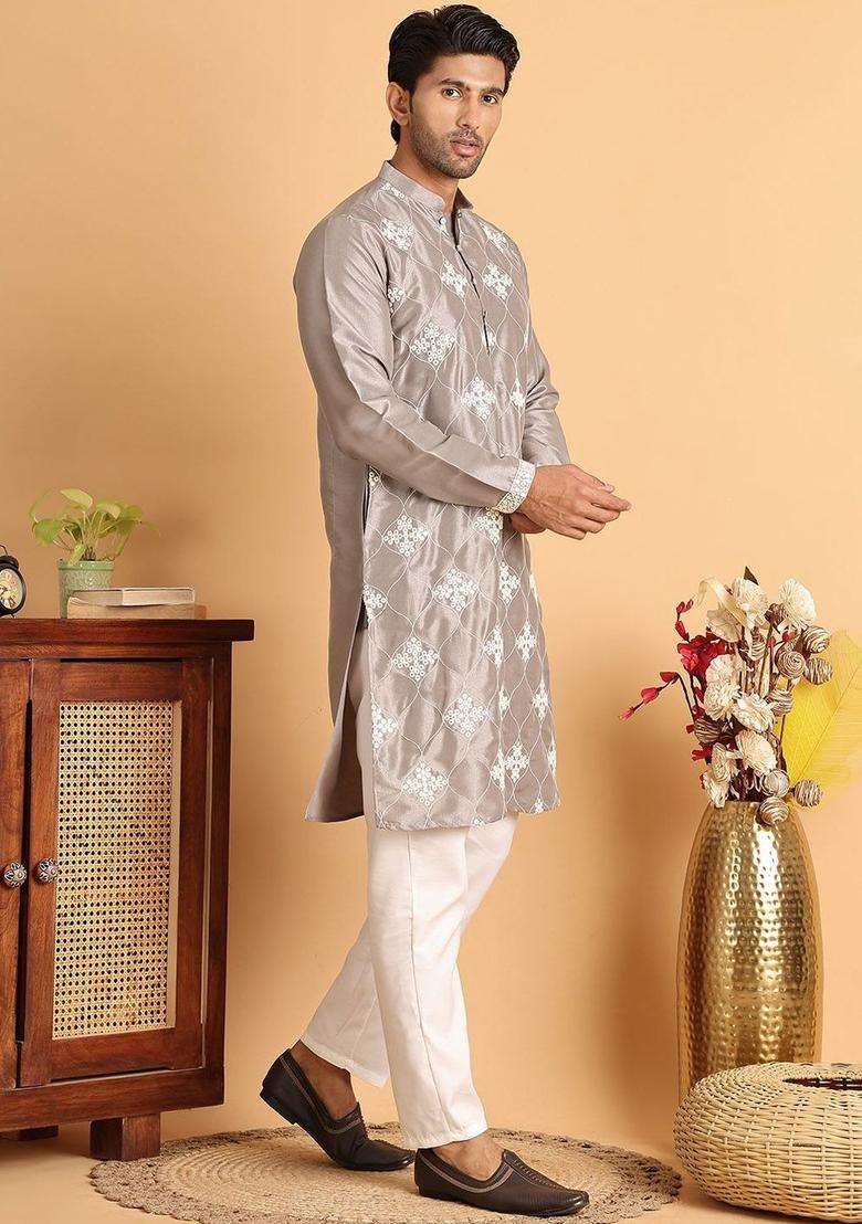 Silver Embroidered Silk Blend Kurta Set For Men - Indya