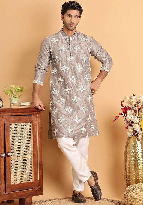 Silver Embroidered Silk Blend Kurta Set For Men