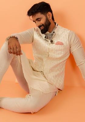 White Woven Design Silk Kurta Set For Men