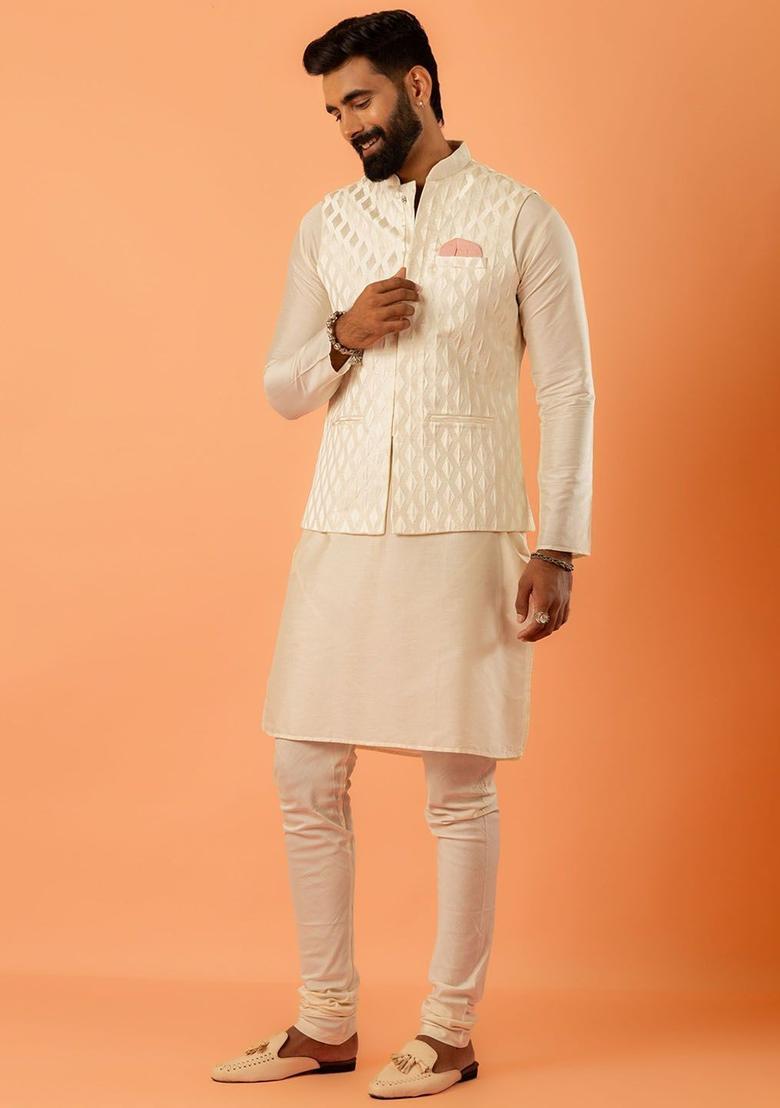 White Woven Design Silk Kurta Set For Men - Indya