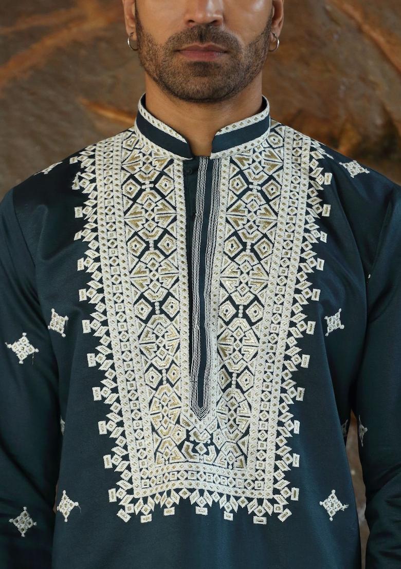 Blue Embroidered Silk Kurta Set For Men - Indya