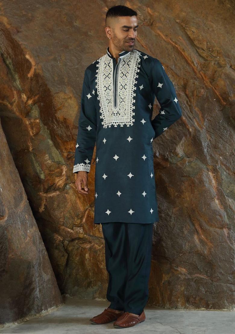 Blue Embroidered Silk Kurta Set For Men - Indya