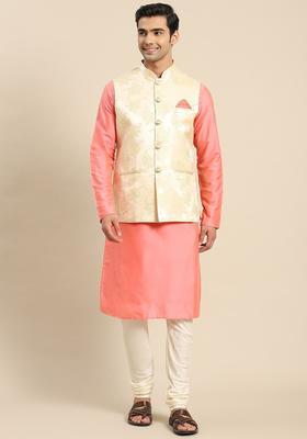 Peach Solid Cotton Kurta Set For Men