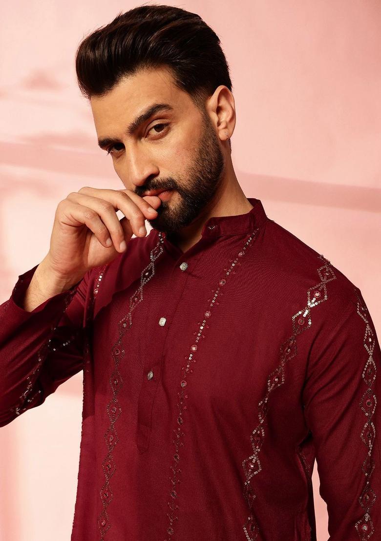 Maroon Embroidered Cotton Kurta Set For Men - Indya