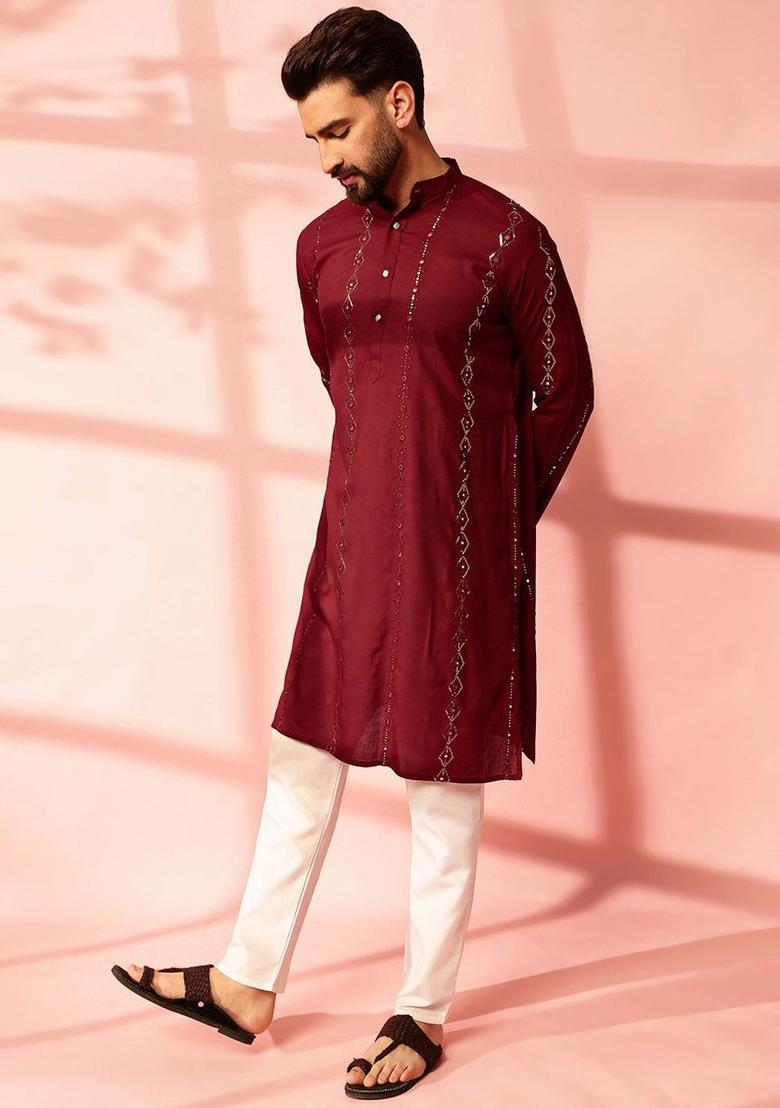 Maroon Embroidered Cotton Kurta Set For Men - Indya