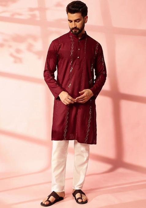 Maroon Embroidered Cotton Kurta Set For Men