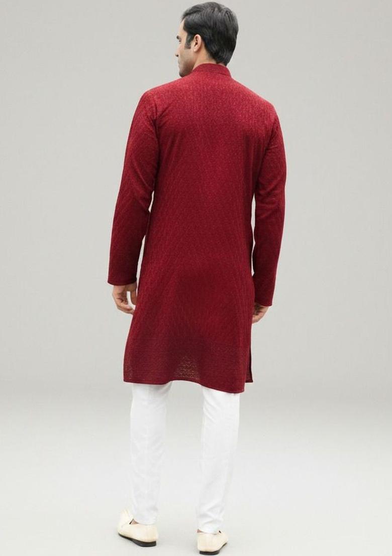 Maroon Embroidered Silk Kurta Set For Men - Indya