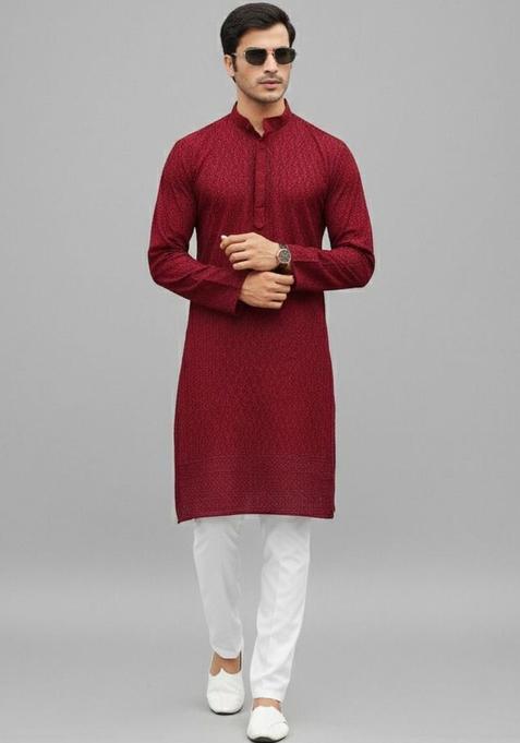 Maroon Embroidered Silk Kurta Set For Men