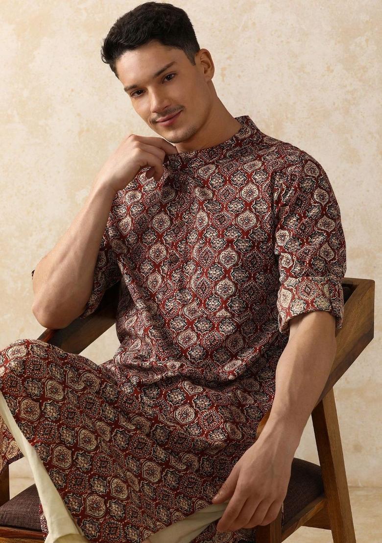 Maroon Printed Cotton Kurta Set For Men - Indya