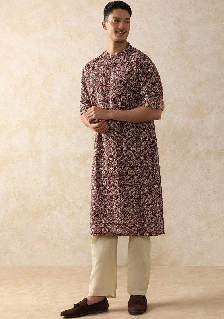 Maroon Printed Cotton Kurta Set For Men - Indya
